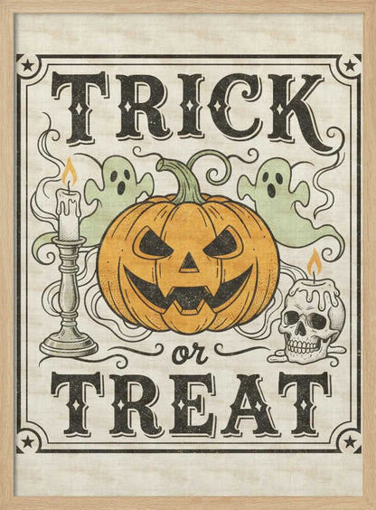 A vintage-style Halloween art print with the words 'TRICK or TREAT' in a stylized black font. In the center is a large orange jack-o'-lantern flanked by two small green ghosts, a lit candle in a candlestick, and a lit candle on a skull. The background is a distressed cream color, and the entire image is enclosed in a decorative border with stars in the corners. Poster