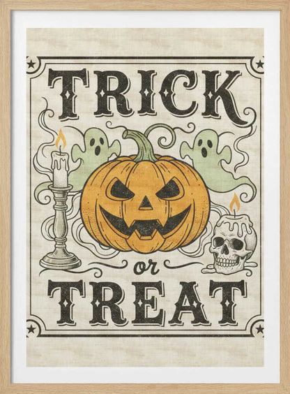 A vintage-style Halloween art print with the words 'TRICK or TREAT' in a stylized black font. In the center is a large orange jack-o'-lantern flanked by two small green ghosts, a lit candle in a candlestick, and a lit candle on a skull. The background is a distressed cream color, and the entire image is enclosed in a decorative border with stars in the corners. Poster