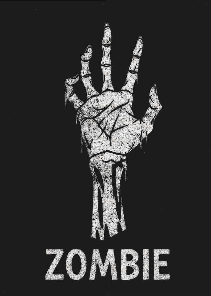 A black and white graphic of a distressed, skeletal zombie hand reaching up against a solid black background. Below the hand, the word 'ZOMBIE' is written in a bold, distressed font. The entire image is bordered by a thin black frame. Decor