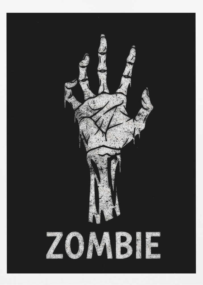A black and white graphic of a distressed, skeletal zombie hand reaching up against a solid black background. Below the hand, the word 'ZOMBIE' is written in a bold, distressed font. The entire image is bordered by a thin black frame. Decor