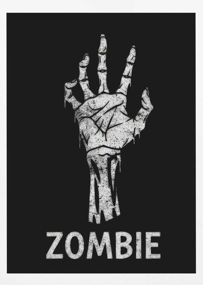 A black and white graphic of a distressed, skeletal zombie hand reaching up against a solid black background. Below the hand, the word 'ZOMBIE' is written in a bold, distressed font. The entire image is bordered by a thin black frame. Decor