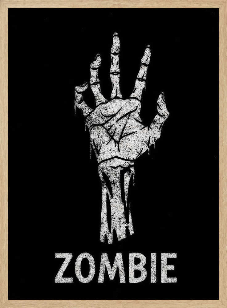 A black and white graphic of a distressed, skeletal zombie hand reaching up against a solid black background. Below the hand, the word 'ZOMBIE' is written in a bold, distressed font. The entire image is bordered by a thin black frame. Decor