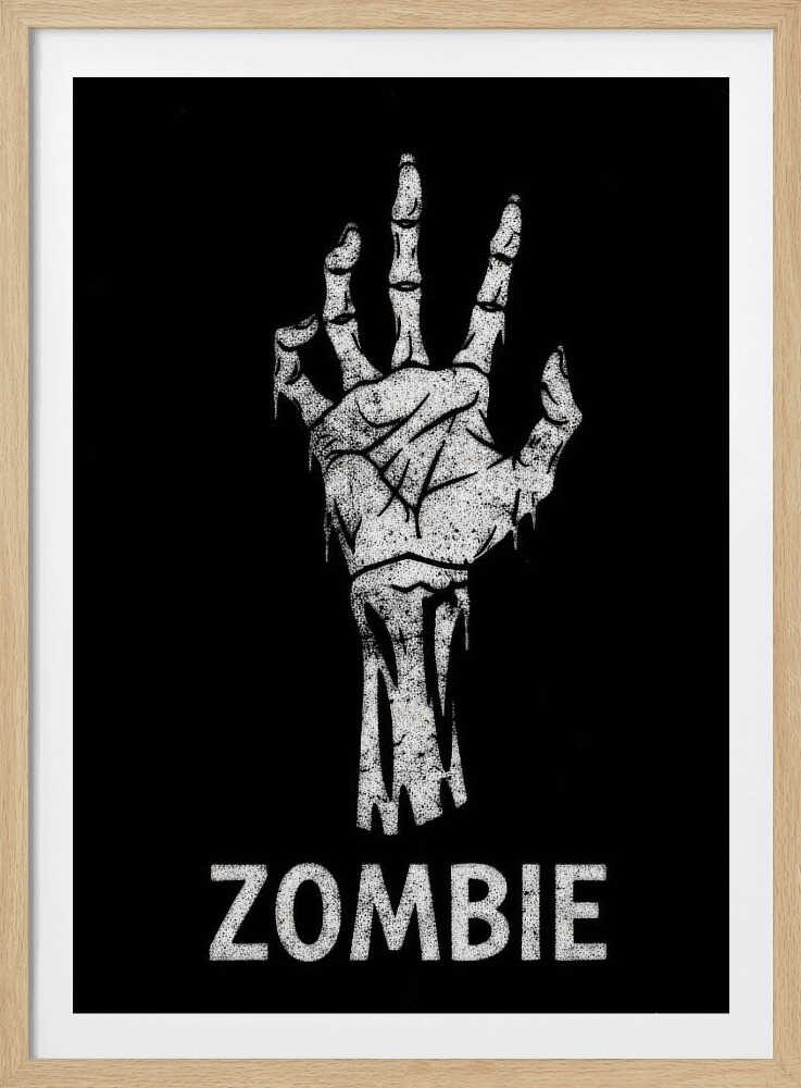 A black and white graphic of a distressed, skeletal zombie hand reaching up against a solid black background. Below the hand, the word 'ZOMBIE' is written in a bold, distressed font. The entire image is bordered by a thin black frame. Decor
