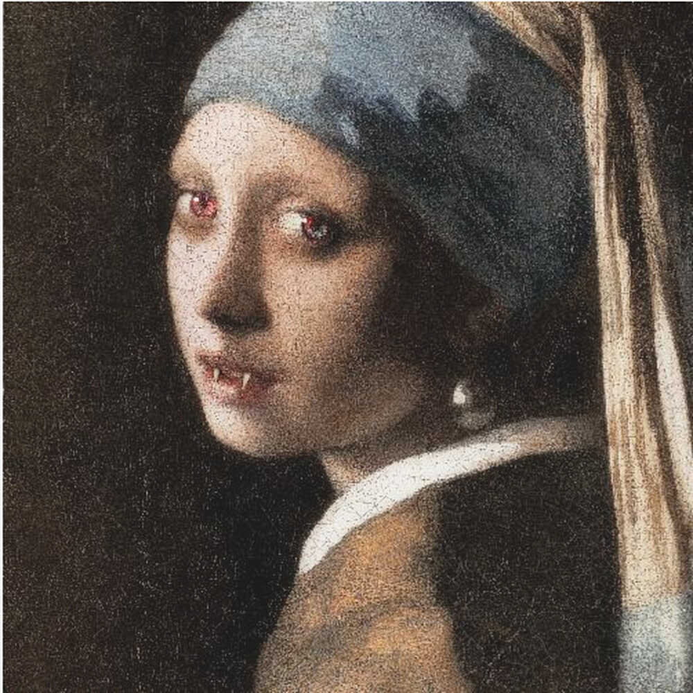 A framed oil painting parody of Vermeer's 'Girl with a Pearl Earring,' reimagined as a vampire. The girl has pale, cracked skin, glowing red eyes, and visible fangs as she gazes back over her shoulder. The classic blue and yellow turban and pearl earring contrast with the dark, gothic alteration. Wall Art