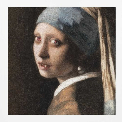 A framed oil painting parody of Vermeer's 'Girl with a Pearl Earring,' reimagined as a vampire. The girl has pale, cracked skin, glowing red eyes, and visible fangs as she gazes back over her shoulder. The classic blue and yellow turban and pearl earring contrast with the dark, gothic alteration. Wall Art