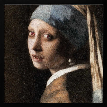 A framed oil painting parody of Vermeer's 'Girl with a Pearl Earring,' reimagined as a vampire. The girl has pale, cracked skin, glowing red eyes, and visible fangs as she gazes back over her shoulder. The classic blue and yellow turban and pearl earring contrast with the dark, gothic alteration. Wall Art