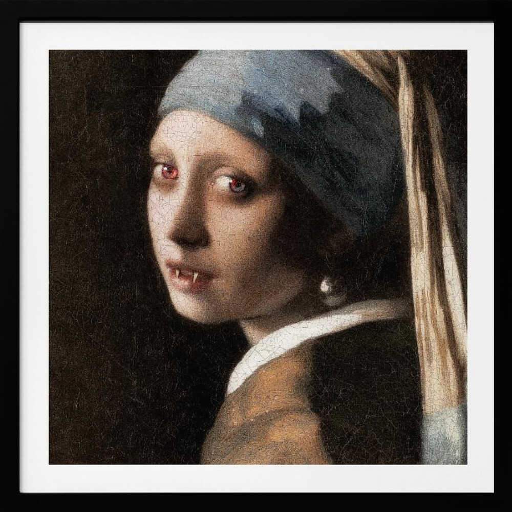 A framed oil painting parody of Vermeer's 'Girl with a Pearl Earring,' reimagined as a vampire. The girl has pale, cracked skin, glowing red eyes, and visible fangs as she gazes back over her shoulder. The classic blue and yellow turban and pearl earring contrast with the dark, gothic alteration. Wall Art