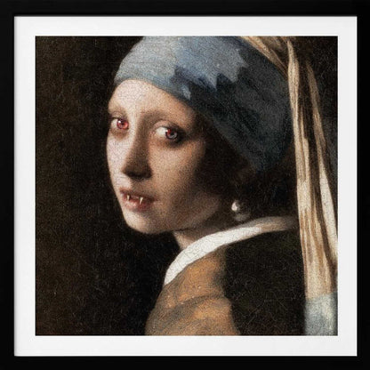 A framed oil painting parody of Vermeer's 'Girl with a Pearl Earring,' reimagined as a vampire. The girl has pale, cracked skin, glowing red eyes, and visible fangs as she gazes back over her shoulder. The classic blue and yellow turban and pearl earring contrast with the dark, gothic alteration. Wall Art