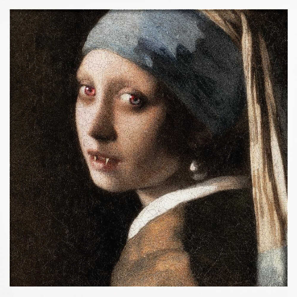 A framed oil painting parody of Vermeer's 'Girl with a Pearl Earring,' reimagined as a vampire. The girl has pale, cracked skin, glowing red eyes, and visible fangs as she gazes back over her shoulder. The classic blue and yellow turban and pearl earring contrast with the dark, gothic alteration. Wall Art