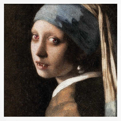 A framed oil painting parody of Vermeer's 'Girl with a Pearl Earring,' reimagined as a vampire. The girl has pale, cracked skin, glowing red eyes, and visible fangs as she gazes back over her shoulder. The classic blue and yellow turban and pearl earring contrast with the dark, gothic alteration. Wall Art