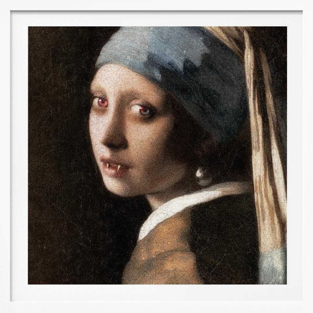 A framed oil painting parody of Vermeer's 'Girl with a Pearl Earring,' reimagined as a vampire. The girl has pale, cracked skin, glowing red eyes, and visible fangs as she gazes back over her shoulder. The classic blue and yellow turban and pearl earring contrast with the dark, gothic alteration. Wall Art