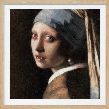 A framed oil painting parody of Vermeer's 'Girl with a Pearl Earring,' reimagined as a vampire. The girl has pale, cracked skin, glowing red eyes, and visible fangs as she gazes back over her shoulder. The classic blue and yellow turban and pearl earring contrast with the dark, gothic alteration. Wall Art