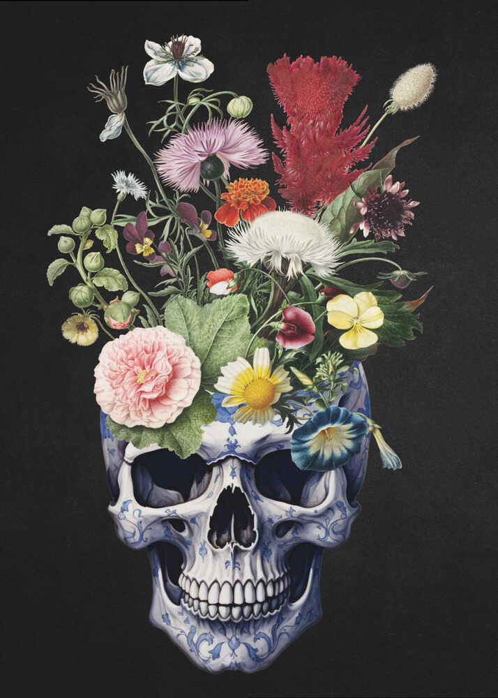 A detailed painting of a human skull that serves as a vase for a vibrant bouquet of flowers. The skull is adorned with a blue and white porcelain-like pattern, and the overflowing flowers include pink peonies, red cockscomb, and yellow daisies against a solid black background. Poster