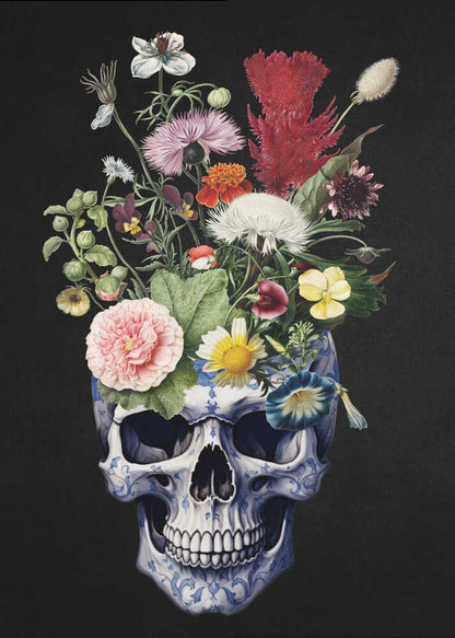 A detailed painting of a human skull that serves as a vase for a vibrant bouquet of flowers. The skull is adorned with a blue and white porcelain-like pattern, and the overflowing flowers include pink peonies, red cockscomb, and yellow daisies against a solid black background. Poster