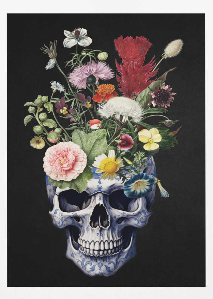 A detailed painting of a human skull that serves as a vase for a vibrant bouquet of flowers. The skull is adorned with a blue and white porcelain-like pattern, and the overflowing flowers include pink peonies, red cockscomb, and yellow daisies against a solid black background. Poster