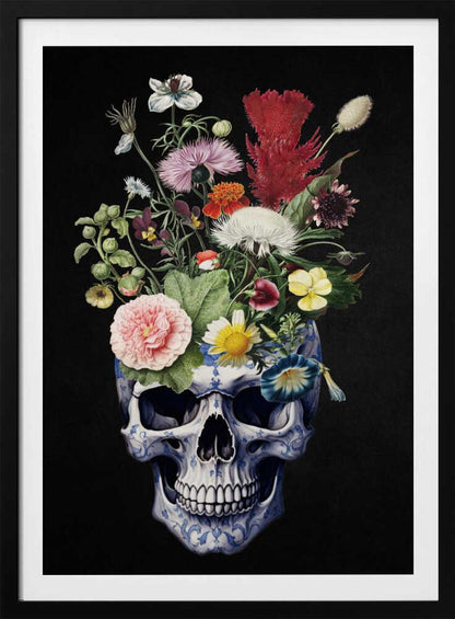 A detailed painting of a human skull that serves as a vase for a vibrant bouquet of flowers. The skull is adorned with a blue and white porcelain-like pattern, and the overflowing flowers include pink peonies, red cockscomb, and yellow daisies against a solid black background. Poster