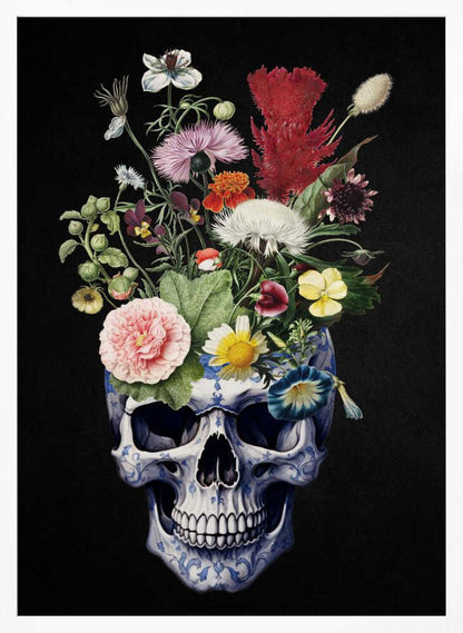 A detailed painting of a human skull that serves as a vase for a vibrant bouquet of flowers. The skull is adorned with a blue and white porcelain-like pattern, and the overflowing flowers include pink peonies, red cockscomb, and yellow daisies against a solid black background. Poster