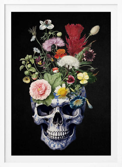 A detailed painting of a human skull that serves as a vase for a vibrant bouquet of flowers. The skull is adorned with a blue and white porcelain-like pattern, and the overflowing flowers include pink peonies, red cockscomb, and yellow daisies against a solid black background. Poster