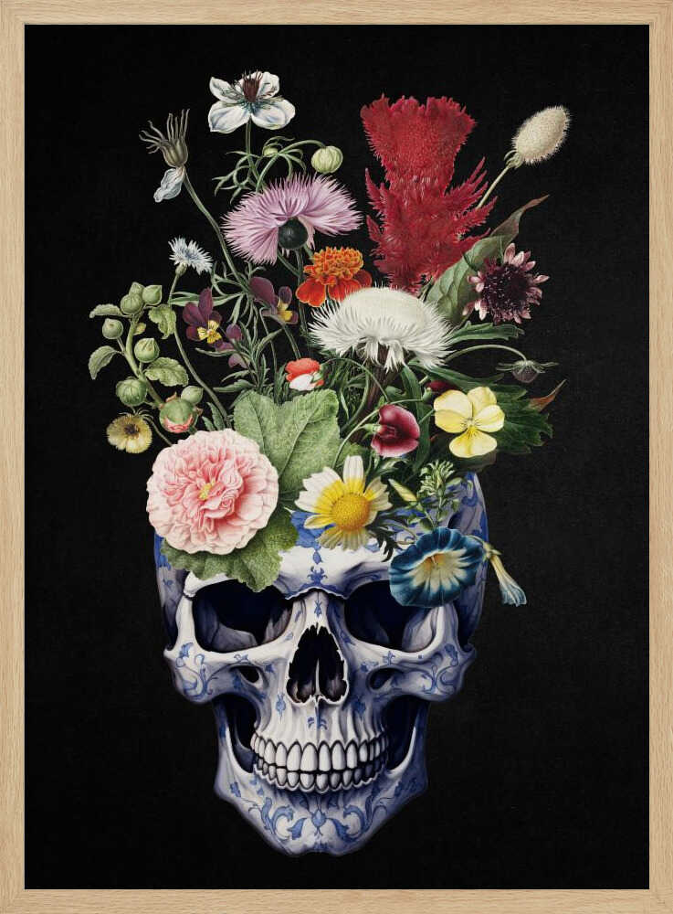 A detailed painting of a human skull that serves as a vase for a vibrant bouquet of flowers. The skull is adorned with a blue and white porcelain-like pattern, and the overflowing flowers include pink peonies, red cockscomb, and yellow daisies against a solid black background. Poster