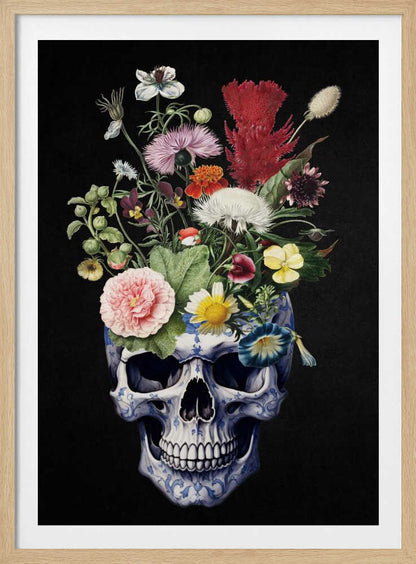 A detailed painting of a human skull that serves as a vase for a vibrant bouquet of flowers. The skull is adorned with a blue and white porcelain-like pattern, and the overflowing flowers include pink peonies, red cockscomb, and yellow daisies against a solid black background. Poster