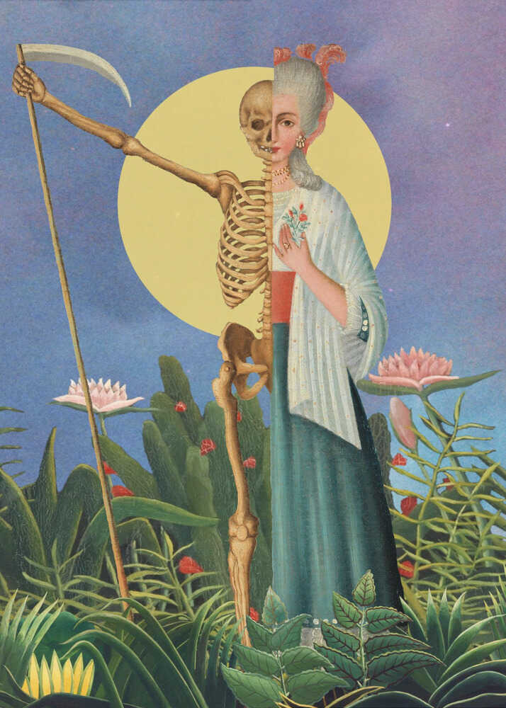 A surrealist painting of a figure split down the middle: one half is an elegant 18th-century woman, the other a skeleton. The composite figure, resembling the Grim Reaper, holds a scythe and stands in a lush green jungle under a large yellow moon against a blue night sky. Decor