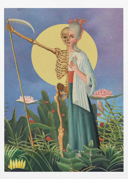 A surrealist painting of a figure split down the middle: one half is an elegant 18th-century woman, the other a skeleton. The composite figure, resembling the Grim Reaper, holds a scythe and stands in a lush green jungle under a large yellow moon against a blue night sky. Decor