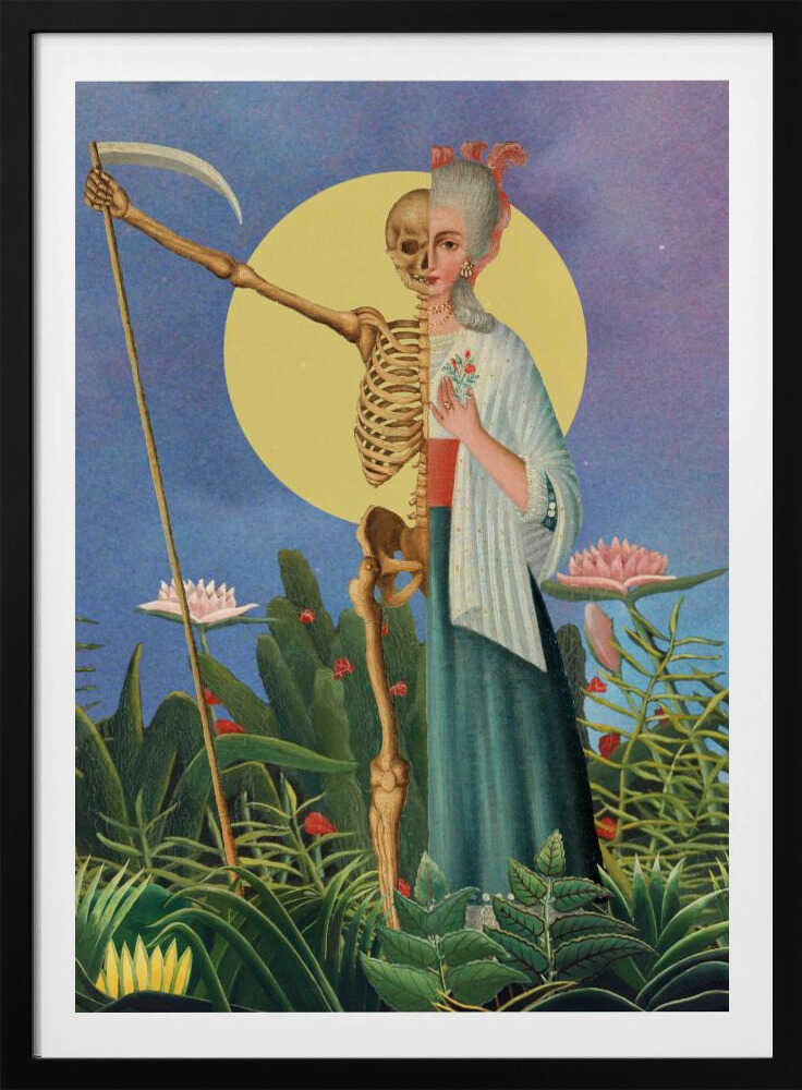 A surrealist painting of a figure split down the middle: one half is an elegant 18th-century woman, the other a skeleton. The composite figure, resembling the Grim Reaper, holds a scythe and stands in a lush green jungle under a large yellow moon against a blue night sky. Decor