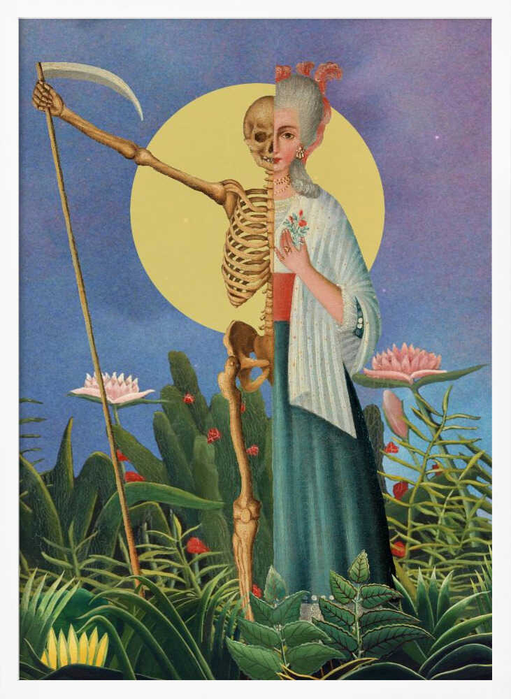 A surrealist painting of a figure split down the middle: one half is an elegant 18th-century woman, the other a skeleton. The composite figure, resembling the Grim Reaper, holds a scythe and stands in a lush green jungle under a large yellow moon against a blue night sky. Decor