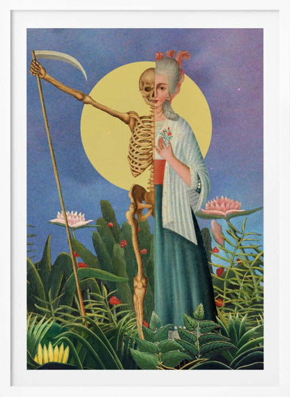 A surrealist painting of a figure split down the middle: one half is an elegant 18th-century woman, the other a skeleton. The composite figure, resembling the Grim Reaper, holds a scythe and stands in a lush green jungle under a large yellow moon against a blue night sky. Decor