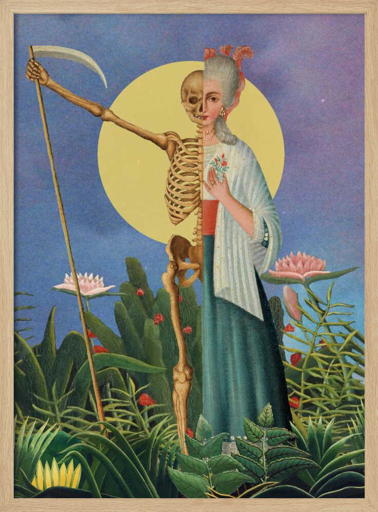 A surrealist painting of a figure split down the middle: one half is an elegant 18th-century woman, the other a skeleton. The composite figure, resembling the Grim Reaper, holds a scythe and stands in a lush green jungle under a large yellow moon against a blue night sky. Decor