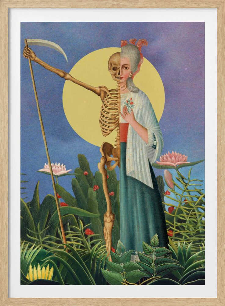 A surrealist painting of a figure split down the middle: one half is an elegant 18th-century woman, the other a skeleton. The composite figure, resembling the Grim Reaper, holds a scythe and stands in a lush green jungle under a large yellow moon against a blue night sky. Decor