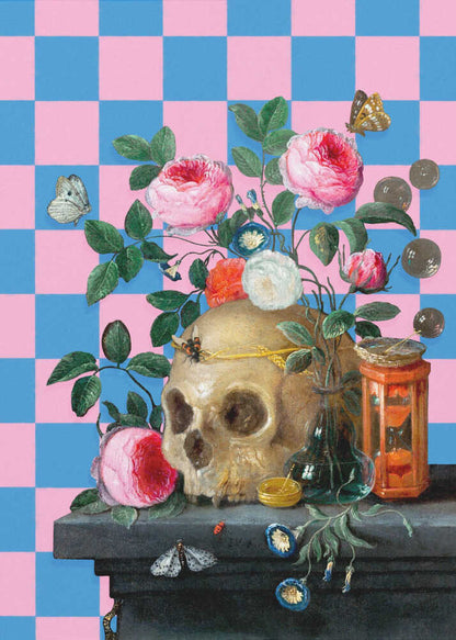 A classic vanitas still life painting juxtaposed with a modern, bright pink and blue checkerboard background. The composition features a golden skull surrounded by vibrant pink roses, butterflies, an hourglass, and coins on a dark stone table. Poster