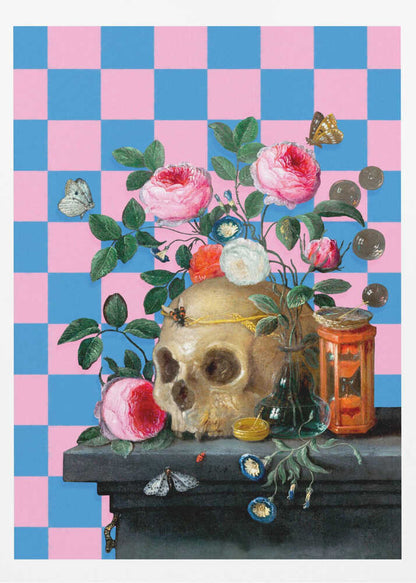 A classic vanitas still life painting juxtaposed with a modern, bright pink and blue checkerboard background. The composition features a golden skull surrounded by vibrant pink roses, butterflies, an hourglass, and coins on a dark stone table. Poster