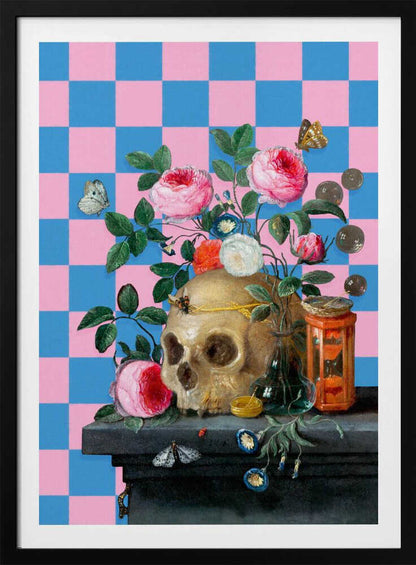 A classic vanitas still life painting juxtaposed with a modern, bright pink and blue checkerboard background. The composition features a golden skull surrounded by vibrant pink roses, butterflies, an hourglass, and coins on a dark stone table. Poster