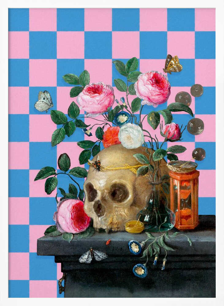 A classic vanitas still life painting juxtaposed with a modern, bright pink and blue checkerboard background. The composition features a golden skull surrounded by vibrant pink roses, butterflies, an hourglass, and coins on a dark stone table. Poster