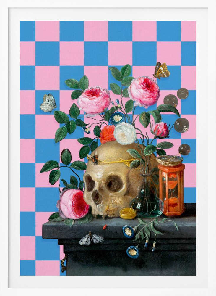 A classic vanitas still life painting juxtaposed with a modern, bright pink and blue checkerboard background. The composition features a golden skull surrounded by vibrant pink roses, butterflies, an hourglass, and coins on a dark stone table. Poster