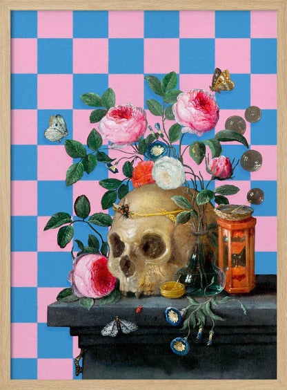A classic vanitas still life painting juxtaposed with a modern, bright pink and blue checkerboard background. The composition features a golden skull surrounded by vibrant pink roses, butterflies, an hourglass, and coins on a dark stone table. Poster