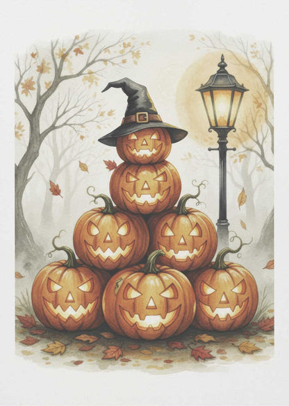 A whimsical watercolor painting of a pyramid of seven glowing jack-o'-lanterns. The top pumpkin sports a black witch's hat. An old-fashioned lamppost illuminates the spooky scene, set in a misty forest with bare trees and falling autumn leaves. Print