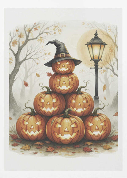 A whimsical watercolor painting of a pyramid of seven glowing jack-o'-lanterns. The top pumpkin sports a black witch's hat. An old-fashioned lamppost illuminates the spooky scene, set in a misty forest with bare trees and falling autumn leaves. Print