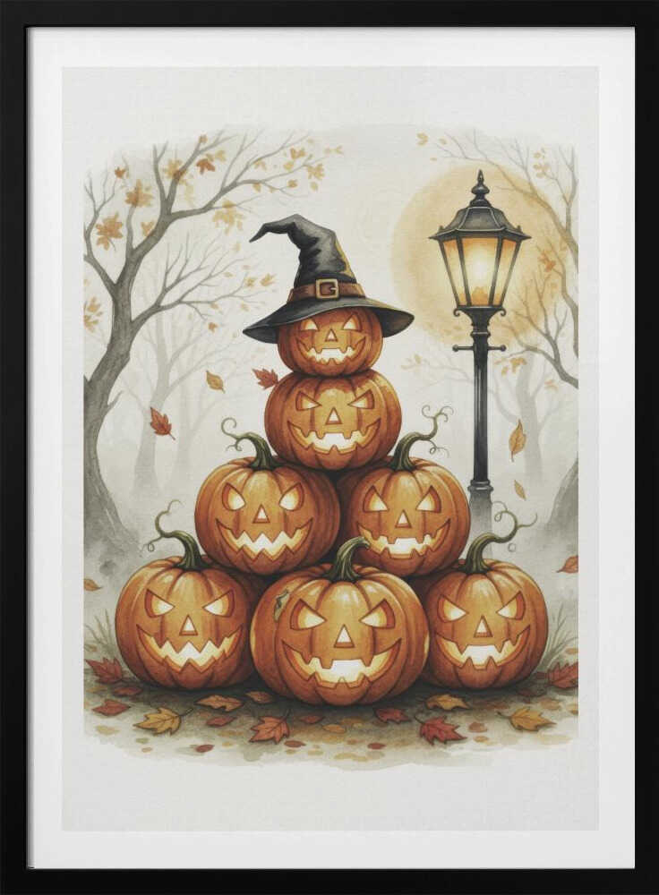 A whimsical watercolor painting of a pyramid of seven glowing jack-o'-lanterns. The top pumpkin sports a black witch's hat. An old-fashioned lamppost illuminates the spooky scene, set in a misty forest with bare trees and falling autumn leaves. Print