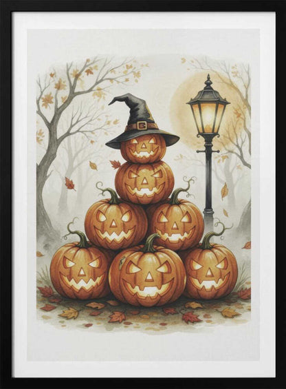 A whimsical watercolor painting of a pyramid of seven glowing jack-o'-lanterns. The top pumpkin sports a black witch's hat. An old-fashioned lamppost illuminates the spooky scene, set in a misty forest with bare trees and falling autumn leaves. Print