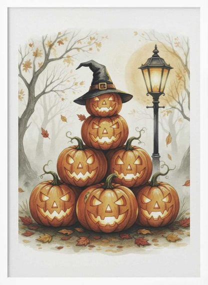 A whimsical watercolor painting of a pyramid of seven glowing jack-o'-lanterns. The top pumpkin sports a black witch's hat. An old-fashioned lamppost illuminates the spooky scene, set in a misty forest with bare trees and falling autumn leaves. Print