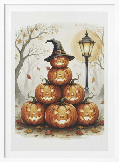 A whimsical watercolor painting of a pyramid of seven glowing jack-o'-lanterns. The top pumpkin sports a black witch's hat. An old-fashioned lamppost illuminates the spooky scene, set in a misty forest with bare trees and falling autumn leaves. Print