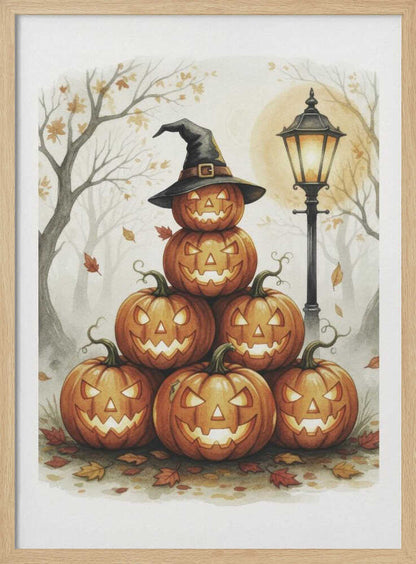 A whimsical watercolor painting of a pyramid of seven glowing jack-o'-lanterns. The top pumpkin sports a black witch's hat. An old-fashioned lamppost illuminates the spooky scene, set in a misty forest with bare trees and falling autumn leaves. Print