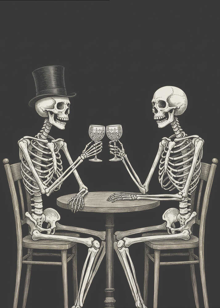 A vintage-style black and white illustration of two skeletons sitting at a round table, toasting each other with wine glasses. One skeleton wears a black top hat, and the background is solid black. Decor
