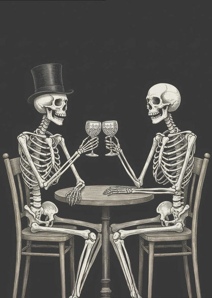 A vintage-style black and white illustration of two skeletons sitting at a round table, toasting each other with wine glasses. One skeleton wears a black top hat, and the background is solid black. Decor