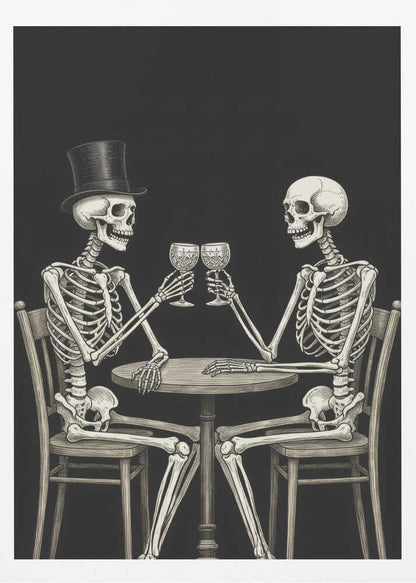 A vintage-style black and white illustration of two skeletons sitting at a round table, toasting each other with wine glasses. One skeleton wears a black top hat, and the background is solid black. Decor