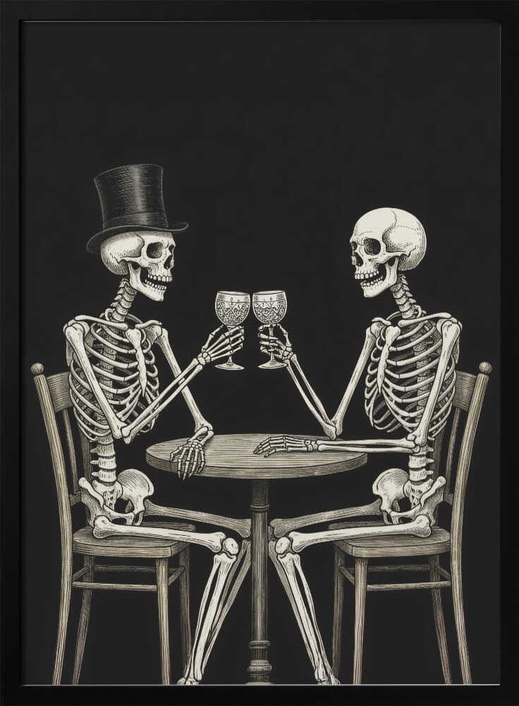 A vintage-style black and white illustration of two skeletons sitting at a round table, toasting each other with wine glasses. One skeleton wears a black top hat, and the background is solid black. Decor