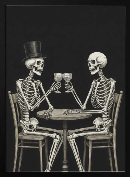 A vintage-style black and white illustration of two skeletons sitting at a round table, toasting each other with wine glasses. One skeleton wears a black top hat, and the background is solid black. Decor