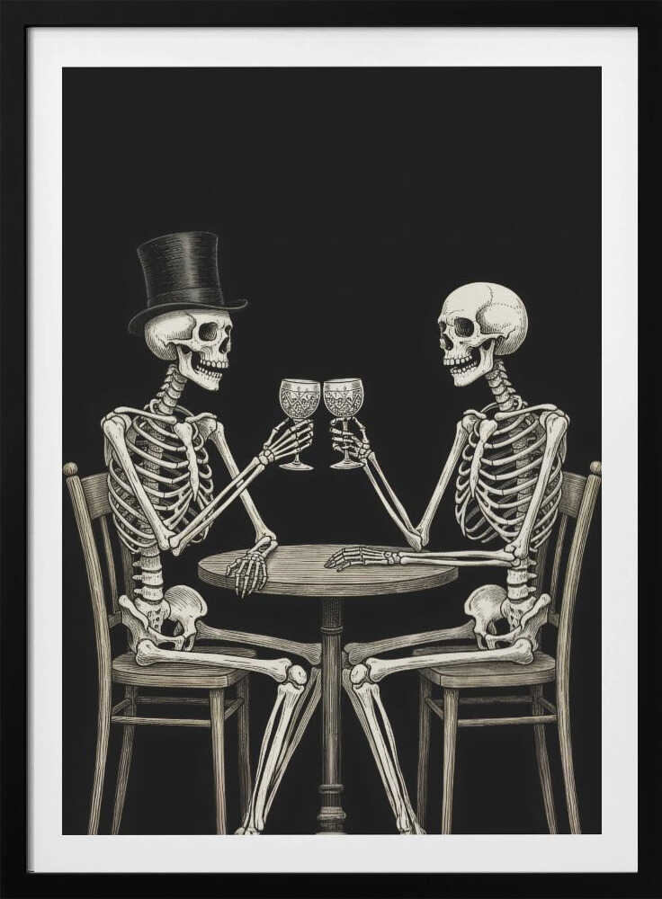 A vintage-style black and white illustration of two skeletons sitting at a round table, toasting each other with wine glasses. One skeleton wears a black top hat, and the background is solid black. Decor